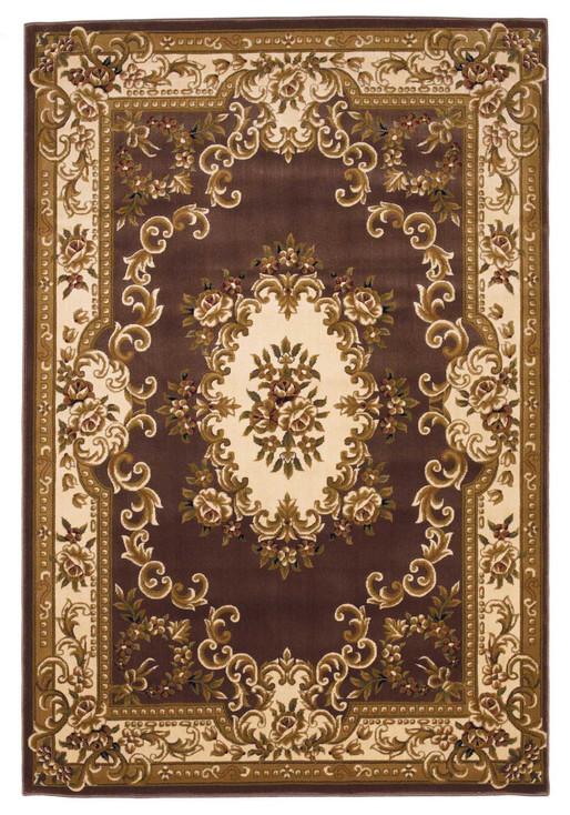 5' x 8' Plum Ivory Machine Woven Hand Carved Floral Medallion Indoor Area Rug