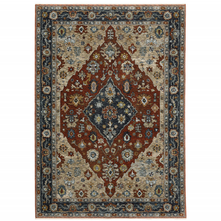5' x 8' Blue Beige Tan Brown Gold and Rust Red Oriental Power Loom Area Rug with Fringe