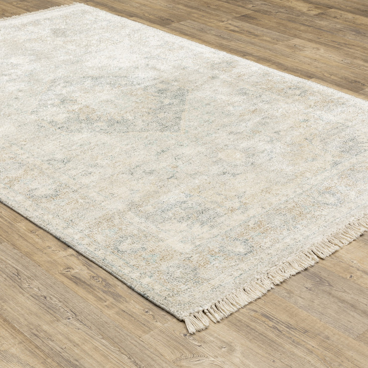 5' x 8' Beige & Grey Oriental Hand Loomed Area Rug with Fringe