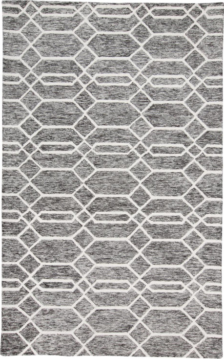 5' x 8' Gray Black and Ivory Wool Geometric Tufted Handmade Stain Resistant Area Rug