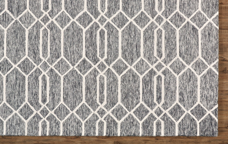 5' x 8' Gray Black and Ivory Wool Geometric Tufted Handmade Stain Resistant Area Rug