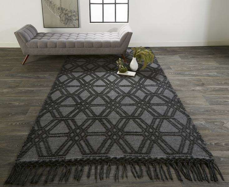 5' x 8' Black and Gray Wool Geometric Hand Woven Area Rug with Fringe