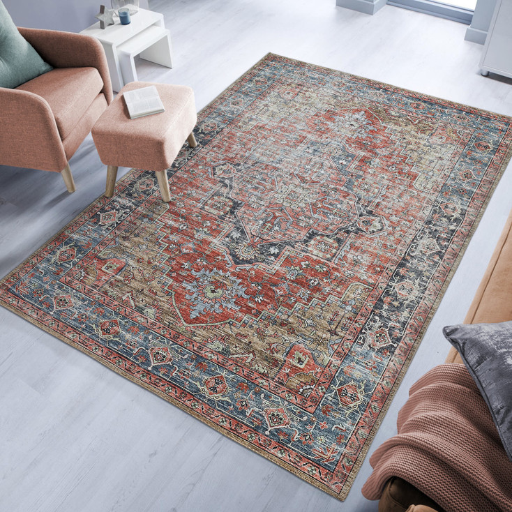 5' x 8' Rust Oriental Distressed Stain Resistant Polyester Area Rug