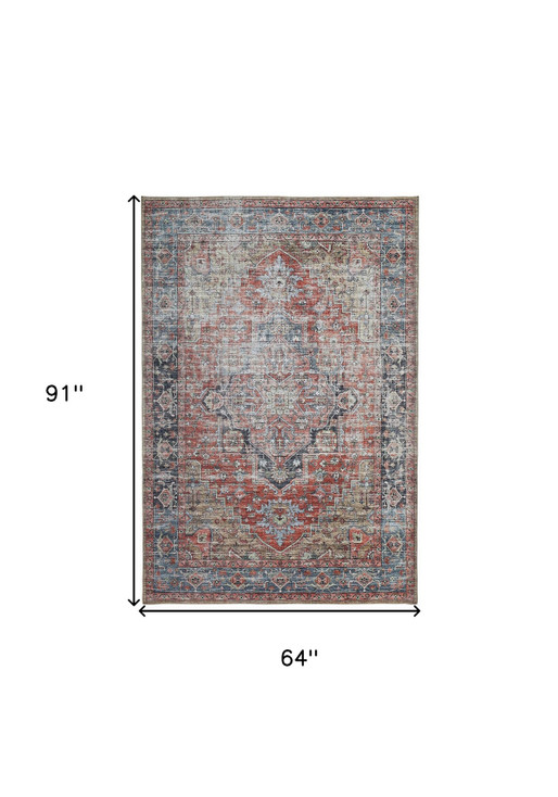 5' x 8' Rust Oriental Distressed Stain Resistant Polyester Area Rug