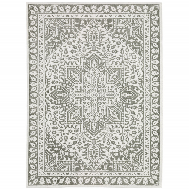 5' x 8' Grey and White Oriental Power Loom Stain Resistant Area Rug