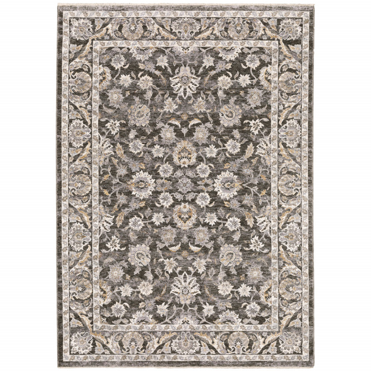 5' x 8' Grey & Ivory Oriental Power Loom Stain Resistant Area Rug with Fringe