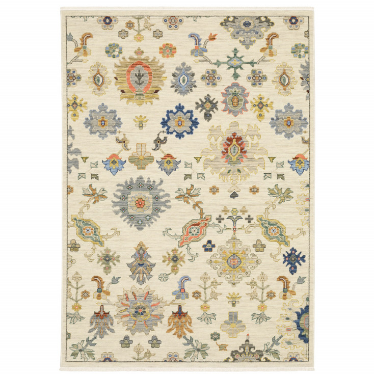 5' x 8' Ivory Beige Gold Grey Blue Pink Red Rust and Green Oriental Power Loom Area Rug