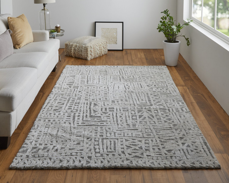 5' x 8' Gray and Silver Geometric Stain Resistant Area Rug