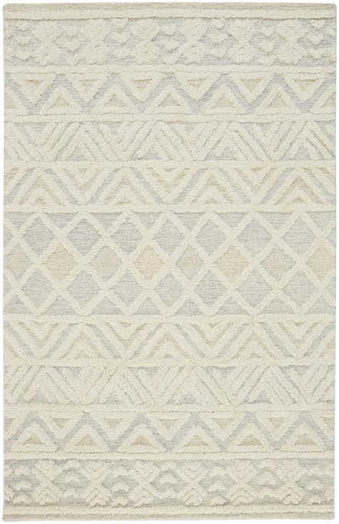 5' x 8' Ivory Blue and Tan Wool Geometric Tufted Handmade Stain Resistant Area Rug