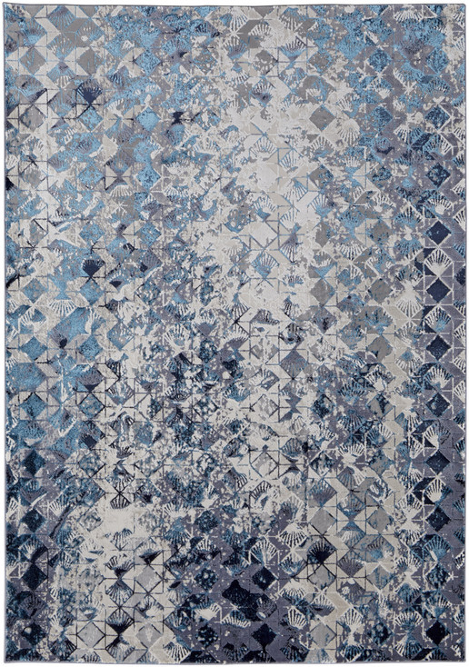 5' x 8' Blue Ivory and Gray Geometric Power Loom Distressed Area Rug