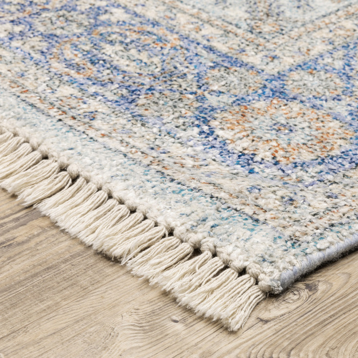 5' x 8' Blue and Red Oriental Hand Loomed Stain Resistant Area Rug with Fringe