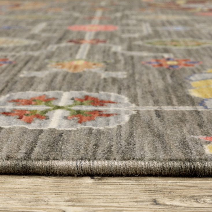 5' x 8' Grey Charcoal Yellow Blue Rust Red Pink Green & Ivory Oriental Power Loom Area Rug