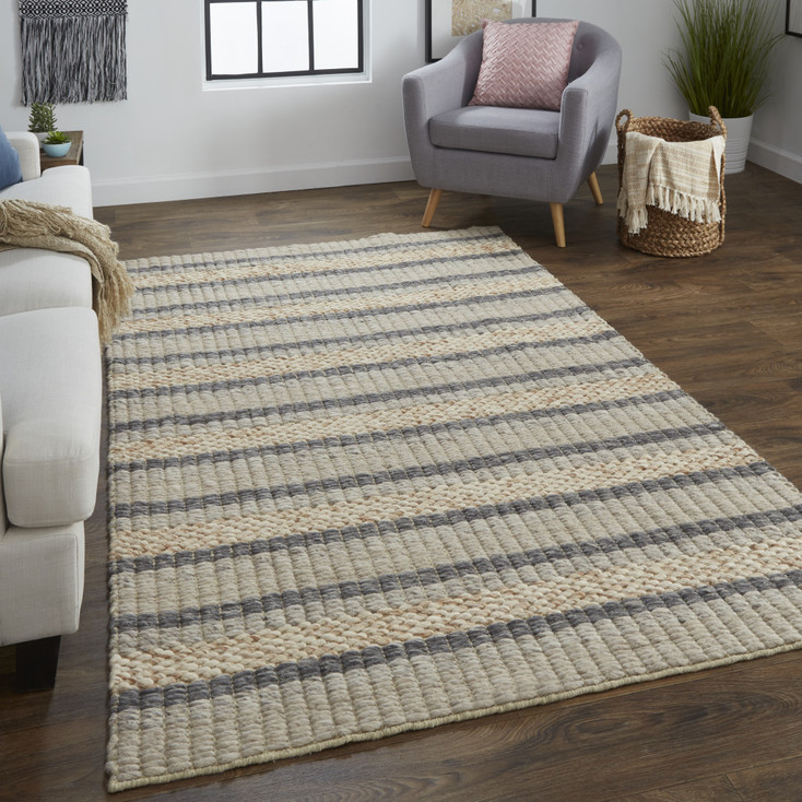 5' x 8' Ivory Tan and Gray Wool Hand Woven Stain Resistant Area Rug