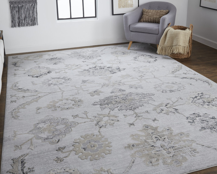 5' x 8' Silver and Black Floral Power Loom Distressed Area Rug