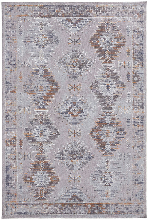 5' x 8' Gray Orange and Blue Geometric Power Loom Distressed Stain Resistant Area Rug