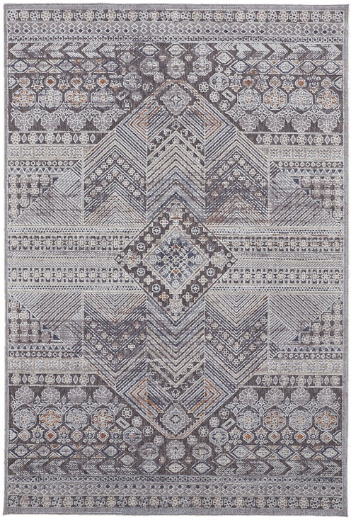 5' x 8' Ivory & Gray Geometric Power Loom Distressed Stain Resistant Area Rug