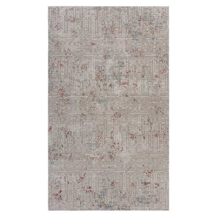 5' x 8' Gray Ivory Slate Blue and Wine Red Geometric Stain Resistant Area Rug