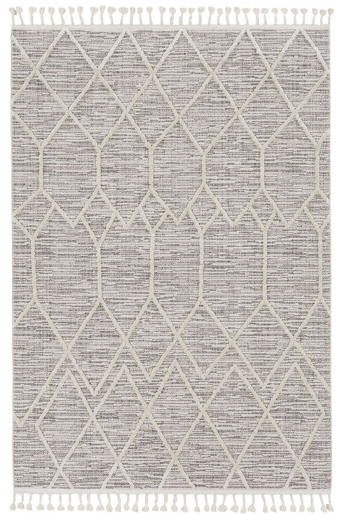 5' x 8' Ivory Grey Machine Woven Abstract with Fringe Indoor Area Rug