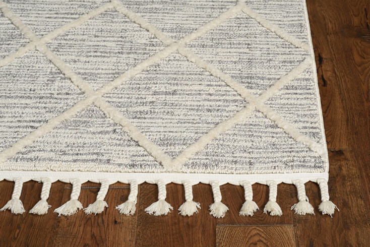 5' x 8' Ivory Grey Machine Woven Abstract with Fringe Indoor Area Rug
