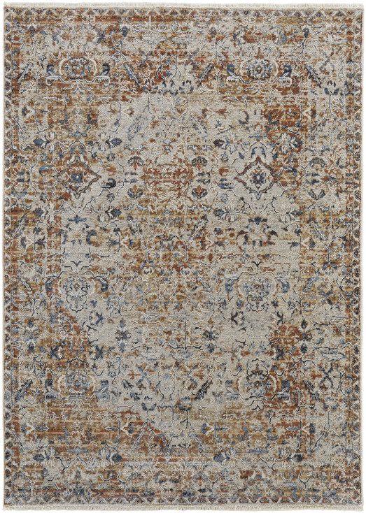 5' x 8' Tan Ivory and Orange Floral Power Loom Area Rug with Fringe