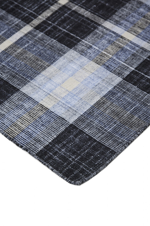 5' x 8' Black Blue and White Abstract Hand Woven Stain Resistant Area Rug