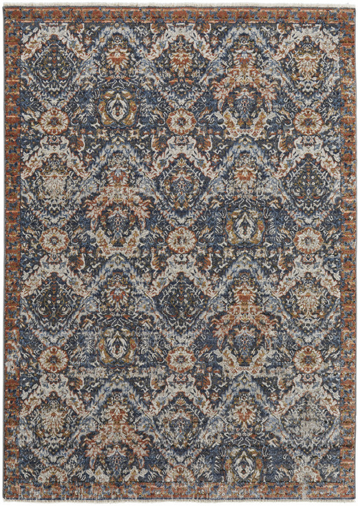 5' x 8' Blue Orange and Ivory Floral Power Loom Area Rug with Fringe