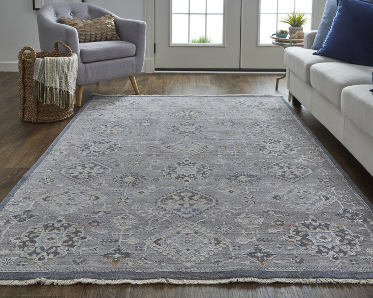 5' x 8' Gray Floral Power Loom Stain Resistant Area Rug