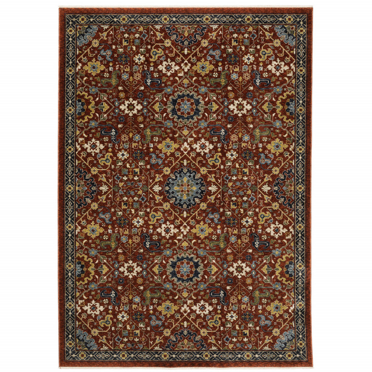 5' x 8' Red Blue Gold and Ivory Oriental Power Loom Stain Resistant Area Rug with Fringe