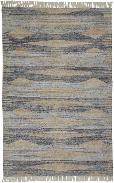 5' x 8' Gray Tan and Silver Abstract Hand Woven Stain Resistant Area Rug with Fringe