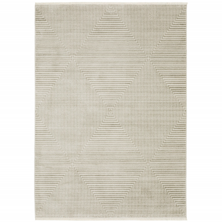 5' x 8' Ivory Beige Taupe and Tan Geometric Power Loom Area Rug with Fringe