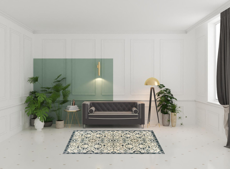 5' x 8' Ivory Navy and Gold Oriental Power Loom Stain Resistant Area Rug