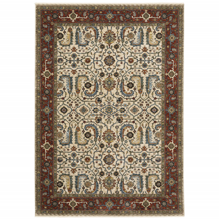 5' x 8' Ivory Red Green Grey Blue and Navy Oriental Power Loom Area Rug with Fringe