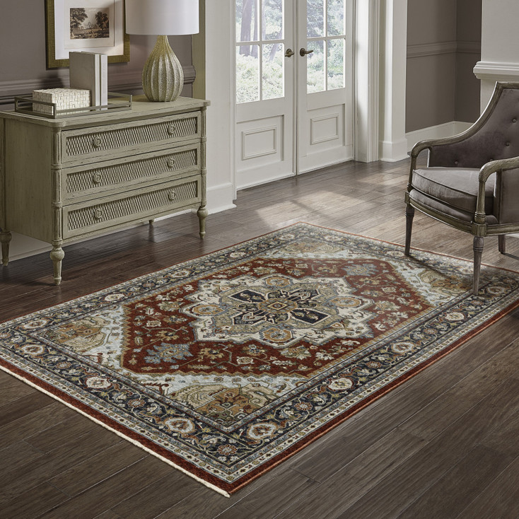 5' x 8' Blue Beige Grey Gold Green and Rust Red Oriental Power Loom Area Rug with Fringe