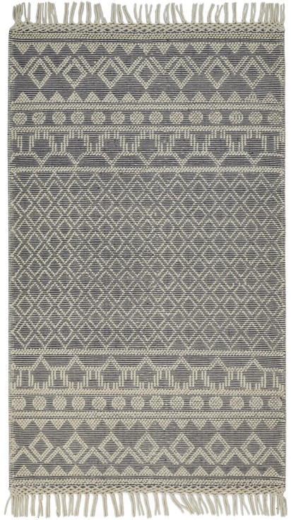5' x 8' Gray and Ivory Wool Geometric Hand Woven Area Rug with Fringe