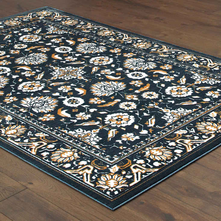 5' x 8' Navy Caramel and Ivory Oriental Power Loom Stain Resistant Area Rug