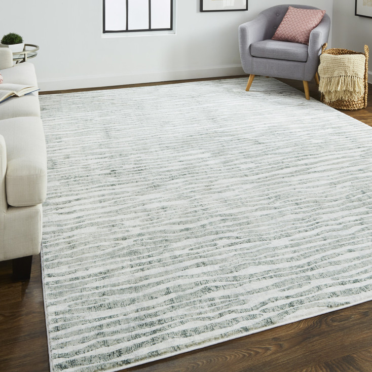5' x 8' Gray Green and Ivory Striped Distressed Stain Resistant Area Rug
