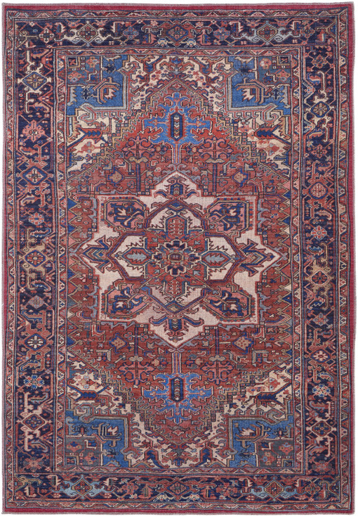 5' x 8' Red Tan & Blue Floral Power Loom Area Rug