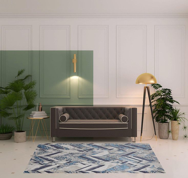 5' x 8' Ivory Blue and Gray Chevron Power Loom Distressed Area Rug