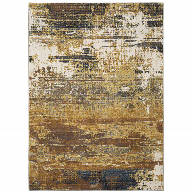 5' x 8' Gold Brown Rust Grey Blue and Beige Abstract Power Loom Stain Resistant Area Rug