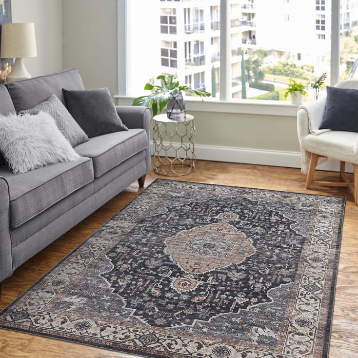 5' x 8' Black Oriental Stain Resistant Area Rug