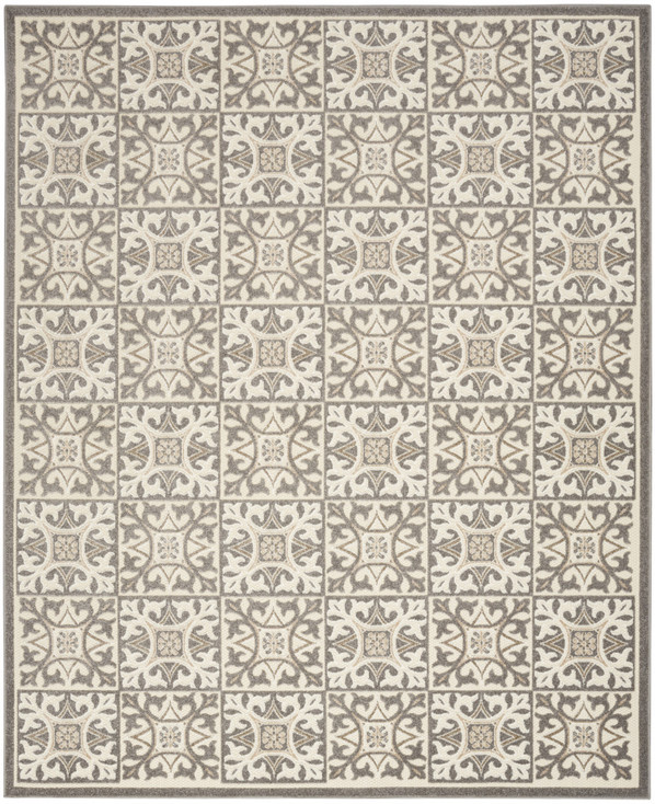 5' x 8' Ivory and Grey Fleur De Lis Stain Resistant Non Skid Area Rug