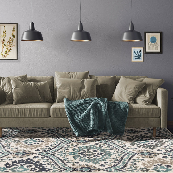 5' x 8' Ivory Blue and Gray Floral Stain Resistant Area Rug