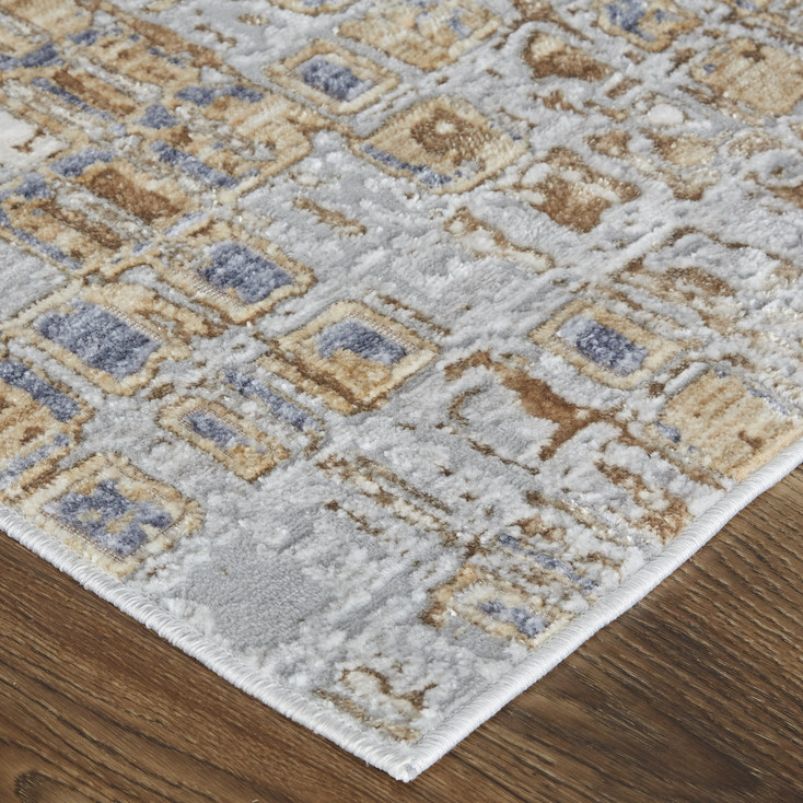 5' x 8' Tan Ivory and Blue Geometric Power Loom Distressed Area Rug