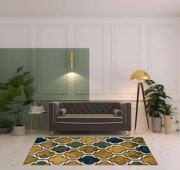 5' x 8' Green Quatrefoil Power Loom Distressed Stain Resistant Area Rug