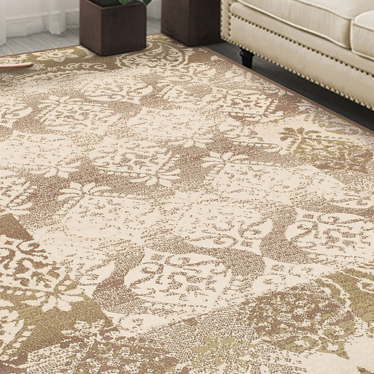 5' x 8' Brown Damask Power Loom Distressed Stain Resistant Area Rug