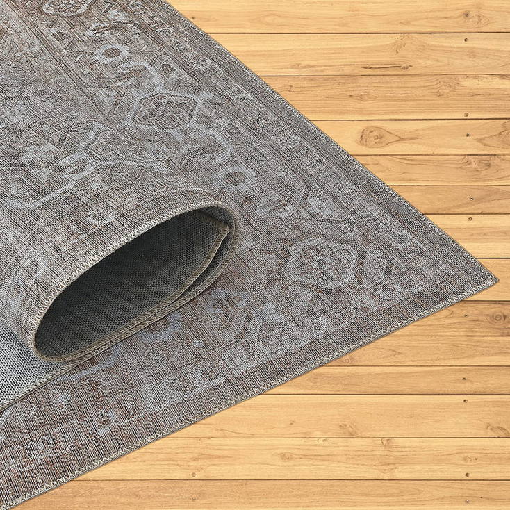 5' x 8' Beige Oriental Power Loom Distressed Stain Resistant Area Rug