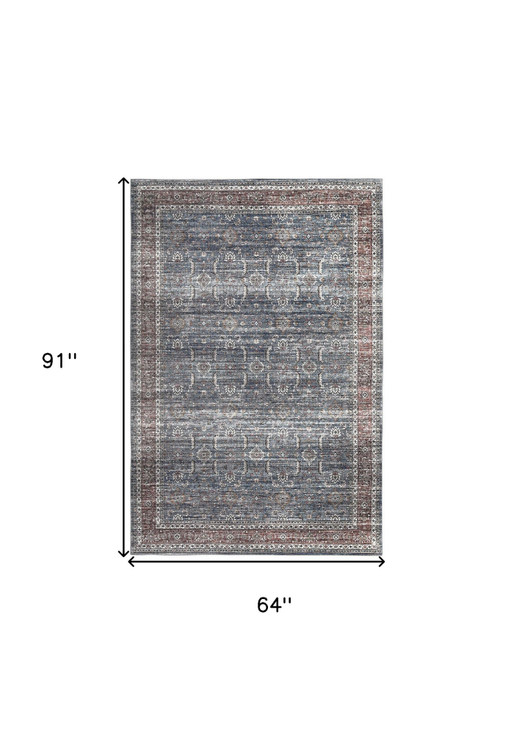 5' x 8' Blue Oriental Distressed Stain Resistant Area Rug