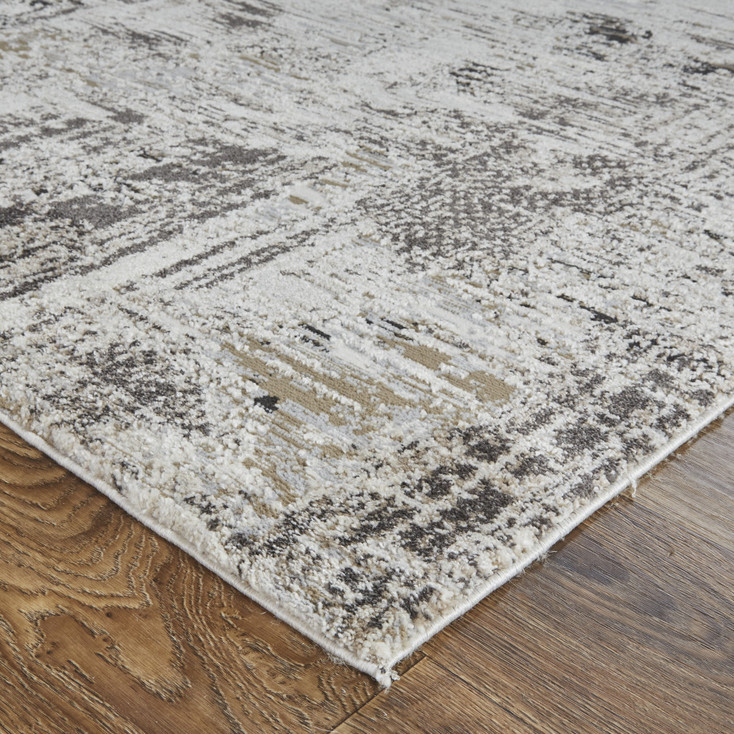 5' x 8' Ivory Gray and Brown Abstract Power Loom Distressed Stain Resistant Area Rug