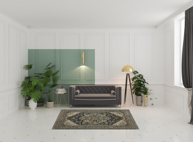 5' x 8' Blue and Green Oriental Power Loom Area Rug with Fringe