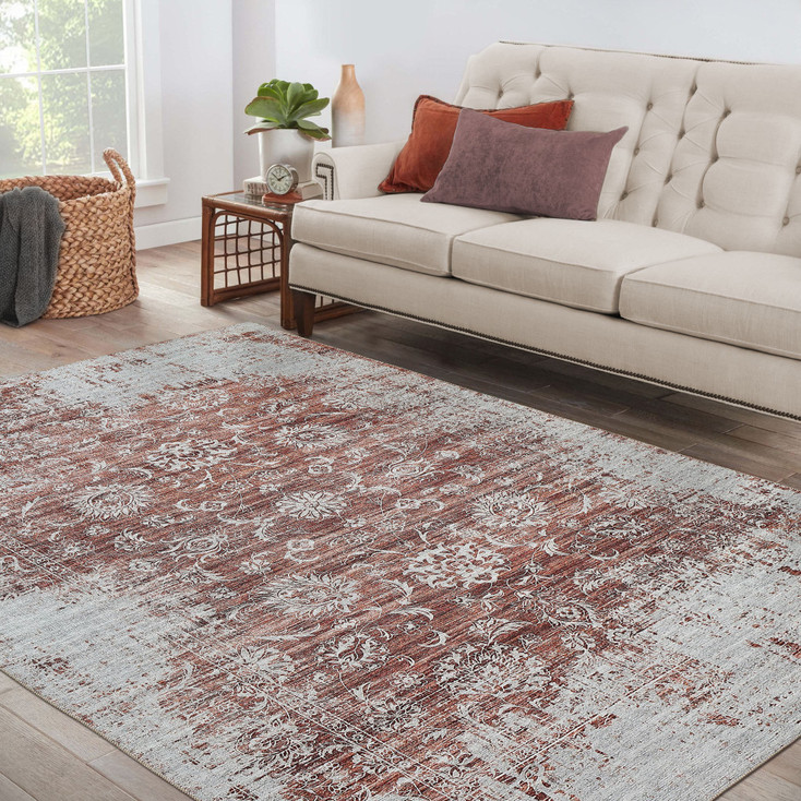 5' x 8' Rust Oriental Distressed Stain Resistant Area Rug